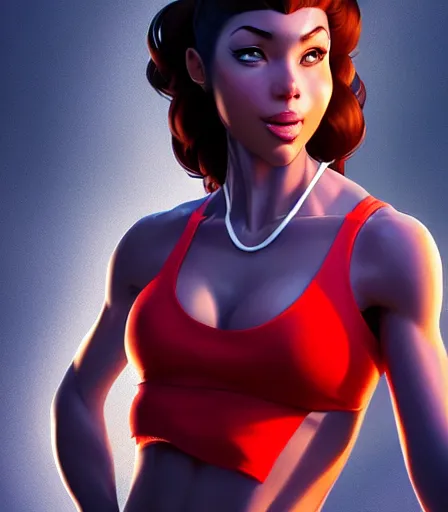 Prompt: beautiful portrait of a gorgeous personal trainer who looks like Maxine from Goofy movie , character design by charlie bowater, ross tran, artgerm, and makoto shinkai, detailed, soft lighting, rendered in octane