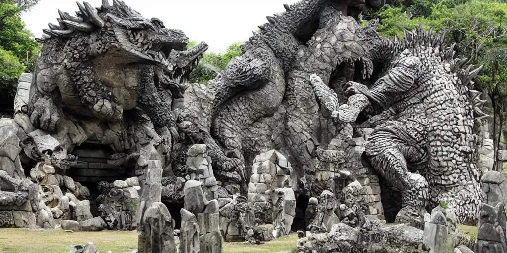 Image similar to a gigantis temple devoted to godzilla, stone carving ancient, worshipers bring offerings