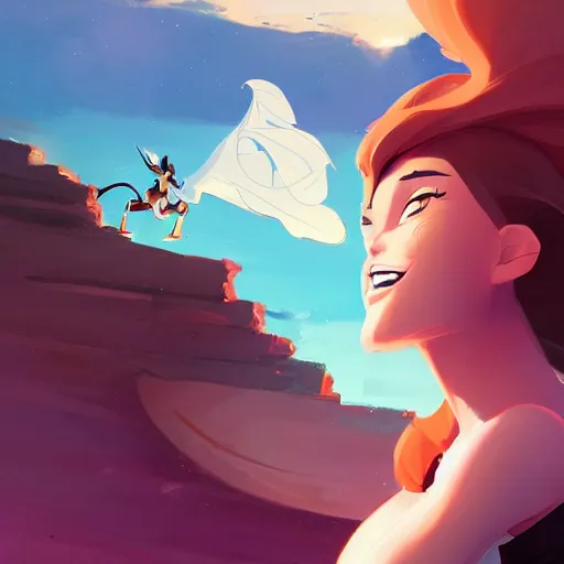 Prompt: a girl looking to the skies by greg tocchini, by james gilleard high quality, cartoon, digital painting, by don bluth and ross tran