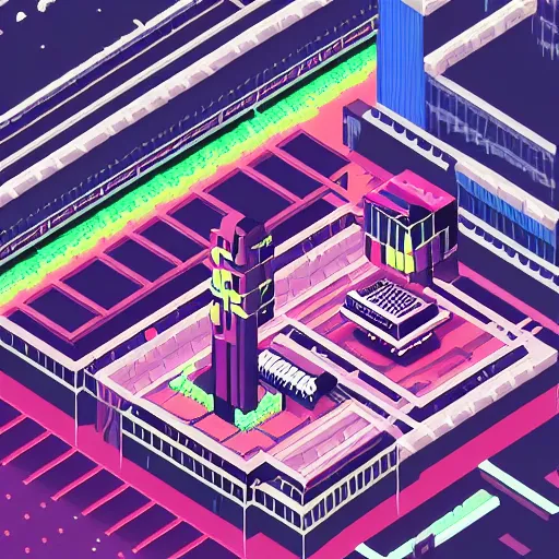 Image similar to pixelart illustration of an isometric cyberpunk city