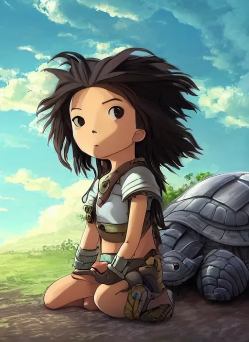 Image similar to portrait of a little warrior girl character sitting on top of a giant armored turtle with a big smiling face in the desert, studio ghibli epic character with dark skin and beautiful green eyes, very beautiful detailed symmetrical face, long black hair, bright colors, diffuse light, dramatic landscape, fantasy illustration