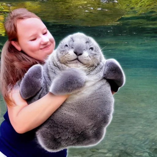 Image similar to incredibly fluffy cat sized pygmy manatee being cradled by a person, realistic, fantasy, pet, adorable, national geographic