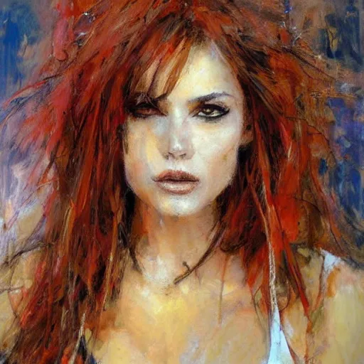 Image similar to portrait of beautiful confident women with deep eyes, messy hair, by henry asencio