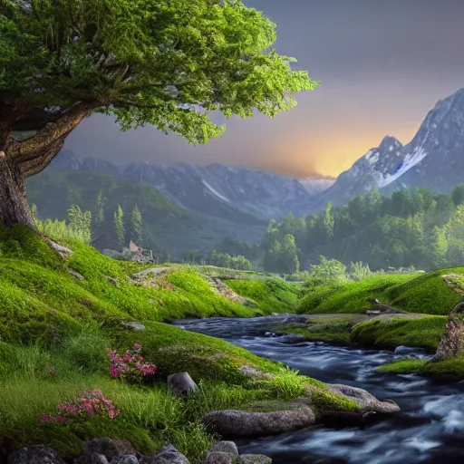 Image similar to A flowery meadow with a large tree in the middle and a river on the right with rocky sides, a wooden bridge on the right and mountains in the background, a slightly overcast sky. ultra realistic, matte painting, concept art, 4k, trending on artstation, octane render, wide lens.