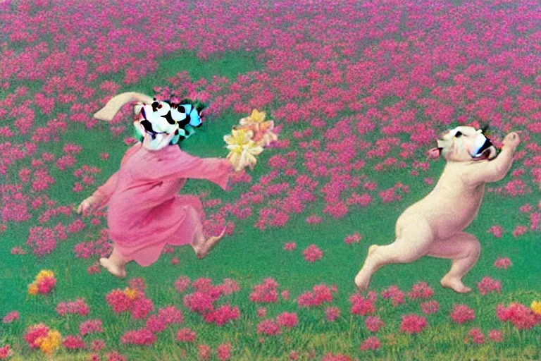 Image similar to a staffordshire terrier in a pink baby dress running through a field of flowers, in the style of maxfield parrish