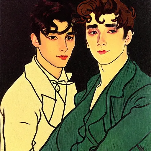 Image similar to painting of young cute handsome beautiful dark medium wavy hair man in his 2 0 s named shadow taehyung and cute handsome beautiful min - jun together at the halloween! party, bubbling cauldron!, candles!, smoke, autumn! colors, elegant, wearing suits!, delicate facial features, art by alphonse mucha, vincent van gogh, egon schiele