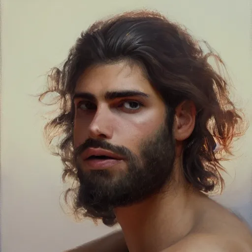 Prompt: oil painting portrait of an average looking sun tanned 2 3 yo white man of french and persian descent, facing camera, mid - long wavy tangled chestnut hair, unshaven, bumfluff, cute, unathletic, trending on artstation, red background, by greg rutkowski