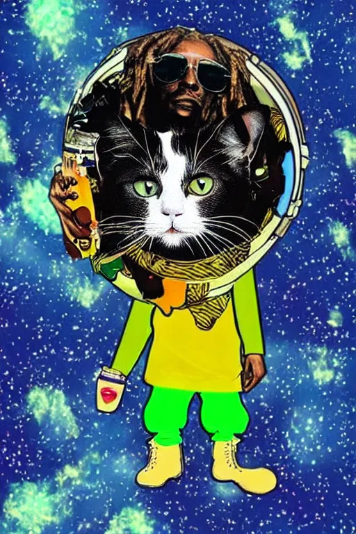 Image similar to A cat with the fashion sense Of Bob Marley floating in space with cannabis