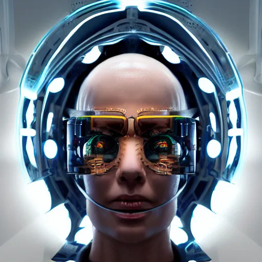 Image similar to centered symmetrical portrait of a persian cyberpunk cyborg surgeon with glowing cybernetics, hyperdetailed, digital painting, trending on Artstation, cel-shading style, CG society, hyperdetailed, digital painting, hypermaximalist, golden ratio, volumetric, octane render, weta digital, micro details, 3d sculpture