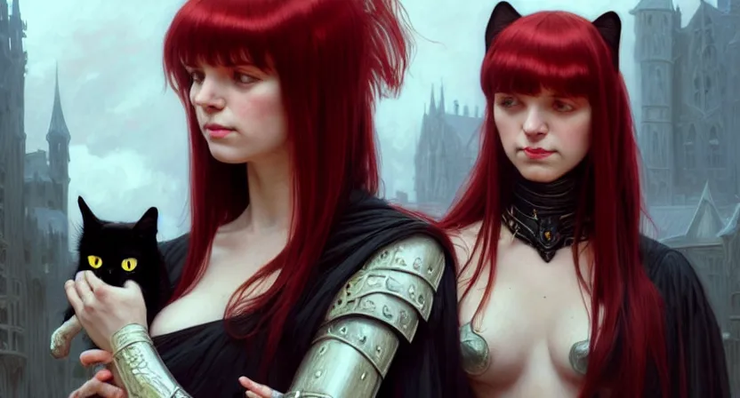 Prompt: mage holding a black cat, red hair straight bangs wearing ivory carved bone armor, medieval town, movie action still frame, ultra wide horizon, intricate, elegant, highly detailed, hyperrealism, digital painting, concept art, smooth, sharp, focus, illustration, art by artgerm, greg rutkowski, ilya kuvshinov, alphonse mucha