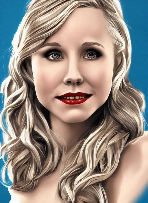 Image similar to pin - up of kristen bell, intricate, elegant, highly detailed, photorealistic, trending on artstation, digital art