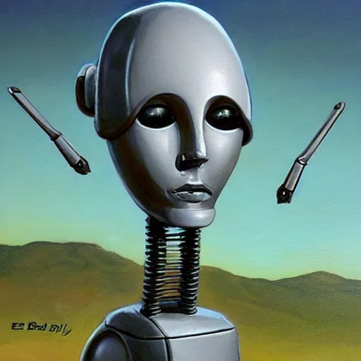 Image similar to a skinny outdated awkward robot with joints that creak and a triangular head with 2 antenna, painting by Ed Binkley