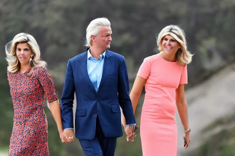 Prompt: princess maxima and geert wilders holding hands romatically