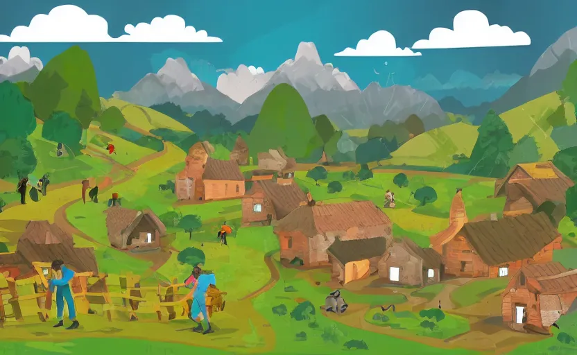 Prompt: some villagers busy farming in a small village in a valley, a dragon approaching from a distance, vector, storybook, gouache, flat, sharp edges, concept art, print