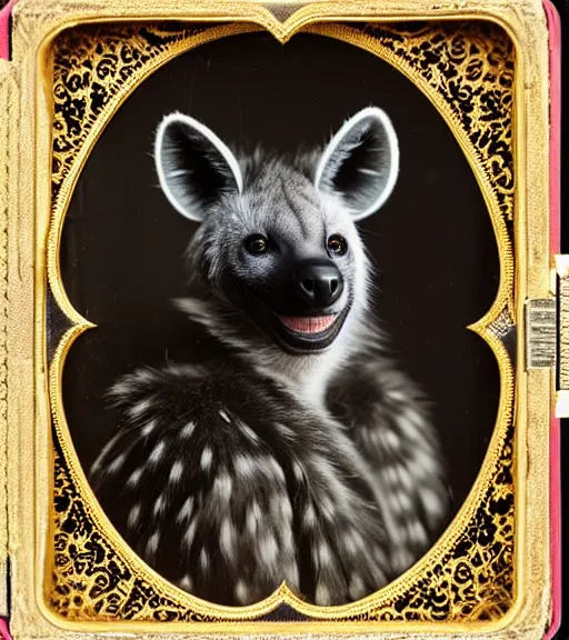 Image similar to professional studio photo portrait of anthro anthropomorphic spotted hyena head animal person fursona smug smiling wearing elaborate pompous royal king robes clothes degraded medium by Louis Daguerre daguerreotype tintype