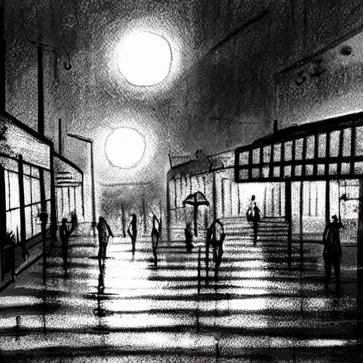 Image similar to a nightcafe in scotland, chairs in the rain, the full moon shining, people dancing, soaked by the rain + misty night, eerie presence, concept art