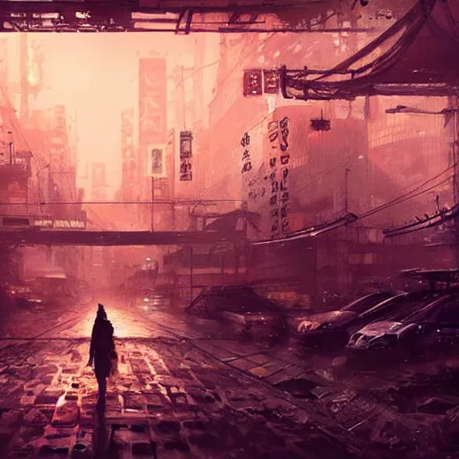 Image similar to tokyo in a post apocalyptic earth as seen by greg rutkowski, dark theme, enchanted, warm colors, high quality, waw, trending on artstation