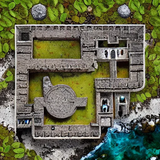 Image similar to top-down birds-eye view of a stone fort sitting above a swamp, detailed, hand-painted, wizards of the coast, top seller popular