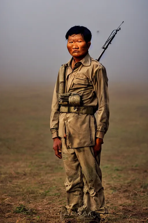 Prompt: Portrait of a Gurkha after battle looking tired standing on the battle field. Portriat, Photography, 35mm. f/1.2