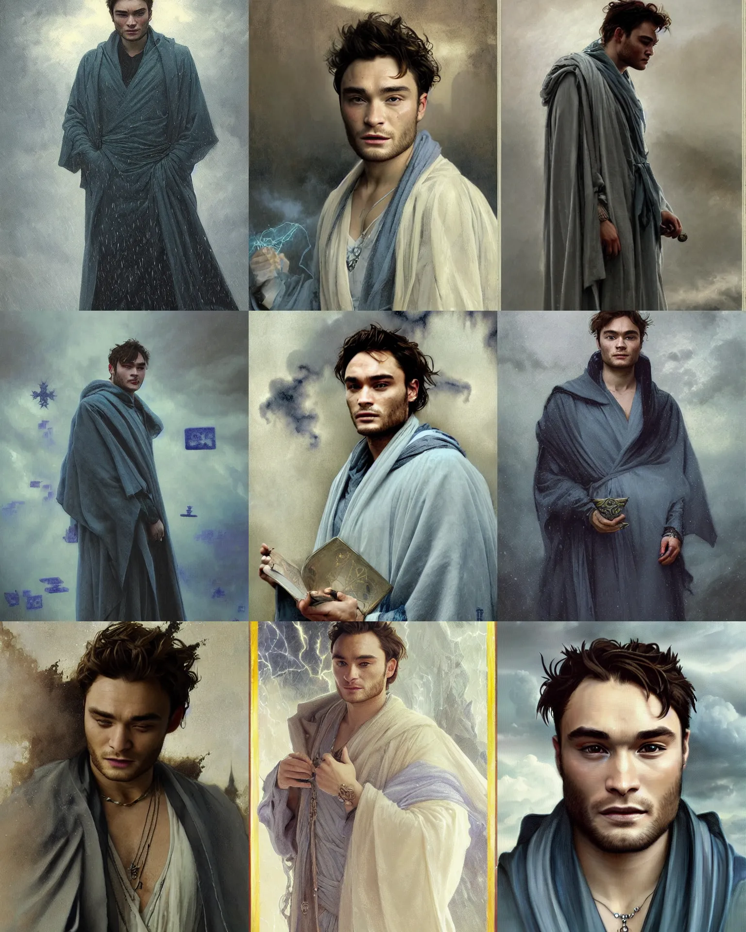 Prompt: portrait of ed westwick in gray - blue robes, runes, jewelry, mystical, ethereal, magical storm fog, painting by greg rutkowski and alphonse mucha