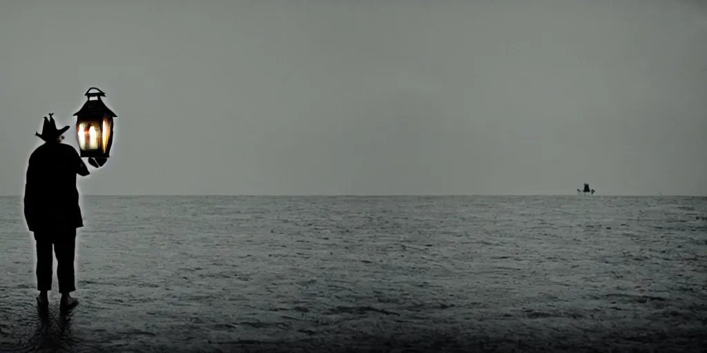 Image similar to film still of closeup old man holding up lantern by his beach hut at night. pirate ship in the ocean by emmanuel lubezki