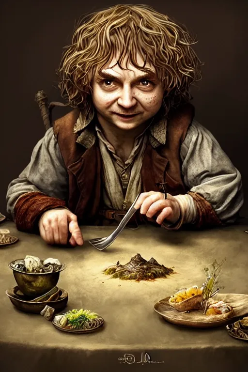 Image similar to dirty faced and very happy looking hobbit looking the table full of food, fantasy, intricate, elegant, highly detailed, digital painting, artstation, concept art, addiction, chains, smooth, sharp focus, illustration, art by Ilja Repin