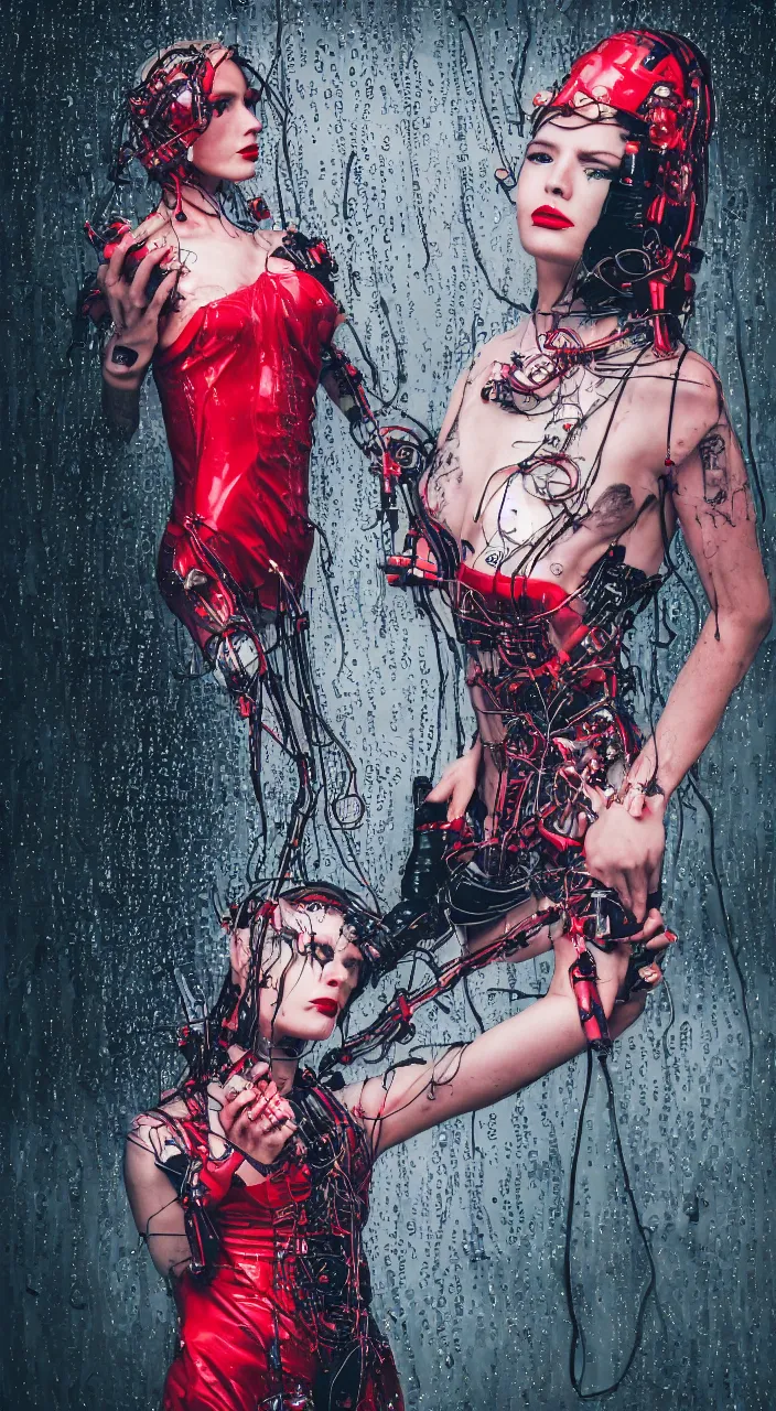 Image similar to woman, android, cyberpunk, artificial limbs, circuit, wires, mechanisms, tattoos, neon light, hard light, glamour, vogue photoshoot, fashion, long dress, red dress, raindrops, rain, wet, make - up, leaky make - up, red lipstick