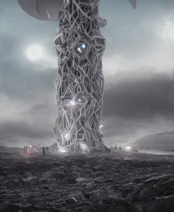 Prompt: surreal covenant deformation mecha tower, futuristic berserk white architecture in the beach in iceland, foggy, highly detailed, digital painting, arstation, concept art, hyperealistic octane render, unreal engine,