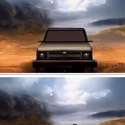 Image similar to a beautiful detailed realistic matte painting of a pick - up truck in a serene landscape with an eerie dark magic lightning portal to another dimension, by john howe and alexander skold and andreas rocha. vray, raytracing, detailed lighting, volumetric lighting, cinematic lighting, very wide shot, f 8