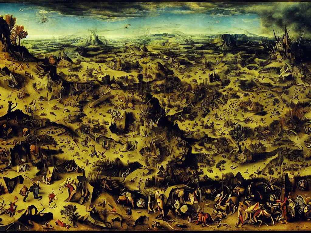 Image similar to Apocalypse by fractals in the shadowy land. Painting by Bruegel