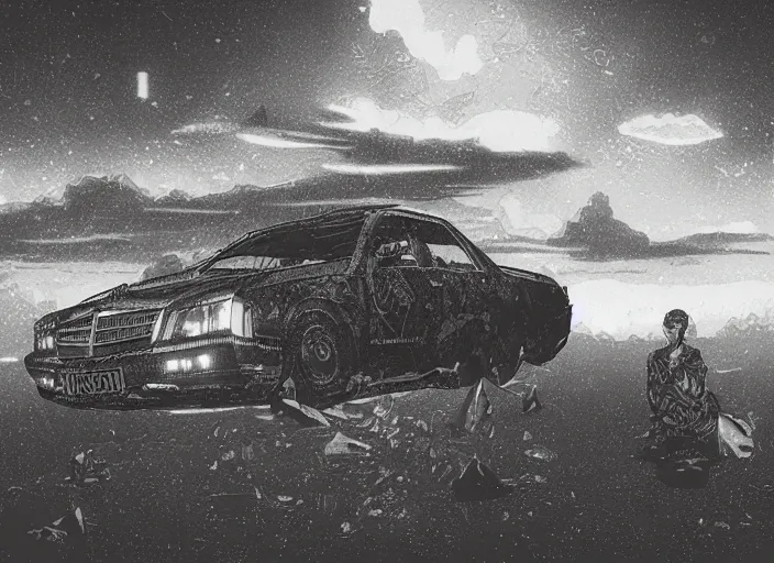 Image similar to synthesized hologram aiburning wrecked mercedes 1 2 4, pixelart, game 8 - bit monochrome gameboy!! floating in a brutalist space sky, gothic, rich deep colors by takato yamamoto. masterpiece. rendered in blender, ultra realistic, smooth shadows, ultra detail, high resolution, cinematic, unreal 6, 8 k