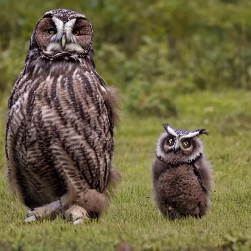 Prompt: an owlbear and its young out in the wild