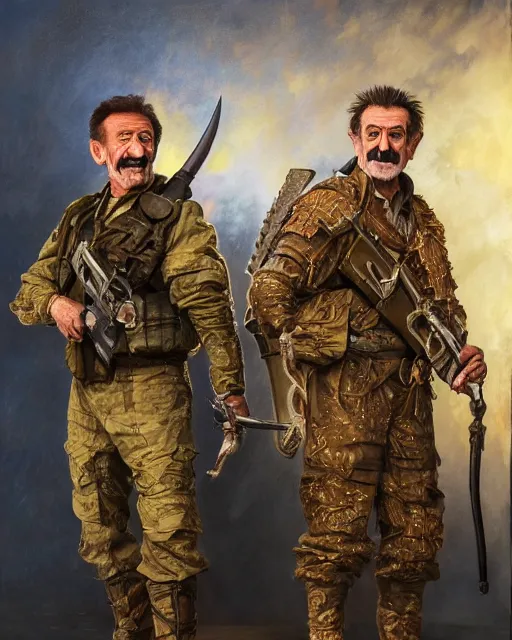 Image similar to full body 8 k photo of paul chuckle standing next to barry chuckle dressed as sas soldiers holding battle - axes, intricate, elegant, highly detailed, cinestill, digital painting, artstation, led dramatic lighting, sharp focus, by da vinci, artgerm and greg rutkowski and alphonse mucha