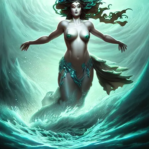 Image similar to powerful goddess of water clothed in swirling water striding through a stormy sea, highly detailed matte fantasy painting, stormy lighting, by Ross Tran and Artgerm and Peter Mohrbacher