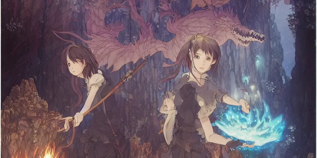 Image similar to the girl and the magic dragons cave. anime visual. torches, dark. by hayao miyazaki and rossdraws and artgerm and chie yoshii and detmold and greg rutkowski and alphonse mucha. anime production by studio ghibli. high quality, stunning, intricate detailed environment. 8 k