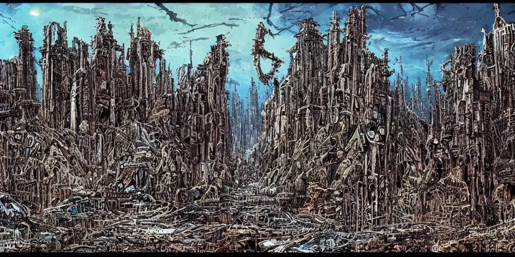 Image similar to post apocalyptic scifi landscape with city ruins by philippe druillet