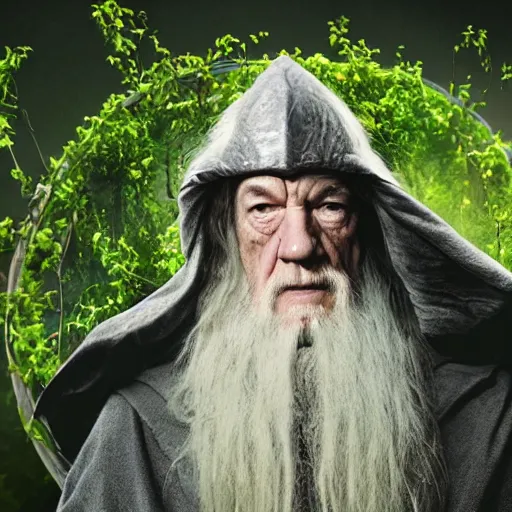 Image similar to the evil ian mckellen as gandalf in a dark viking hood playing odin all father crafting the plant of life with vines, the ethereal colourful universe in the background, highly detailed, cinematic shot, cinematic lighting, 8 k, exquisit facial detail, magical realism painting, chiaroscuro, dark painting.