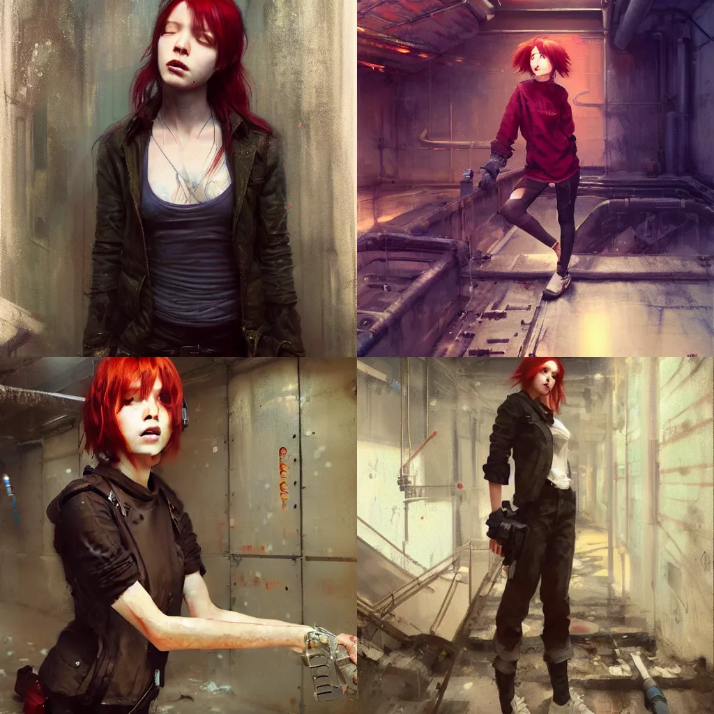 Prompt: red - haired tomboy with one hand twists time in an underground industrial space by yoshitakab amano, by greg rutkowski, by jeremy lipkinng, by artgerm, digital art, octane render 8 k ultrahd illustration