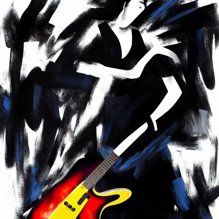 Image similar to large diagonal brush strokes, abstract dark painting of a young korean male musician wearing black tank top holding a telecaster!!! electric guitar!! in a dark room, white background, thick flowing dramatic brush strokes, matte colors, abstract, impressionist, motion, trending on artstation