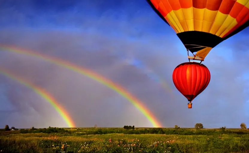 Image similar to hot air balloon flying through a double rainbow, oh the places you'll go by dr seuss