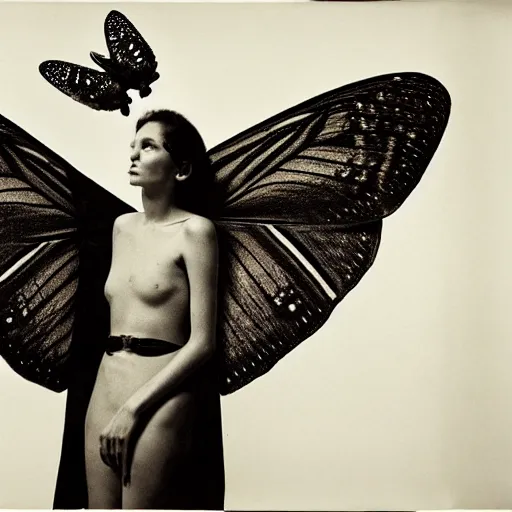 Image similar to a person with moth wings and a proboscis, large format film fashion photograph by richard avedon