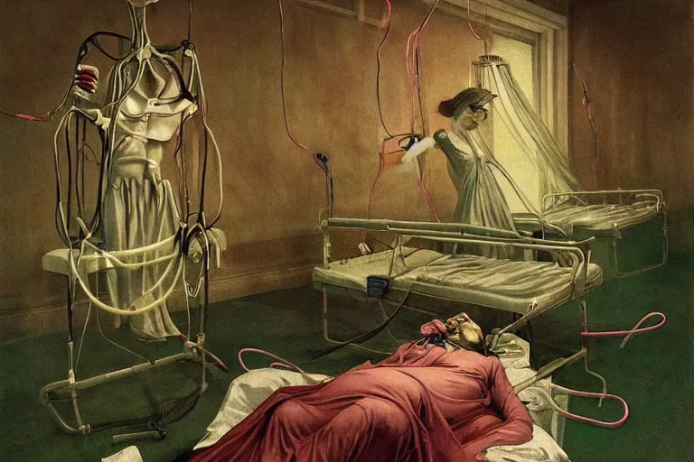 Prompt: dystopian Victorian hospital, artificial intelligence's nightmare, wires wrap around a frantic, screaming patient, oxygen mask, draped in gold, green and pink, painting by Henry Fuseli, Esao Andrews, Francis Bacon, Edward Hopper, surrealism, art by Takato Yamamoto and James Jean