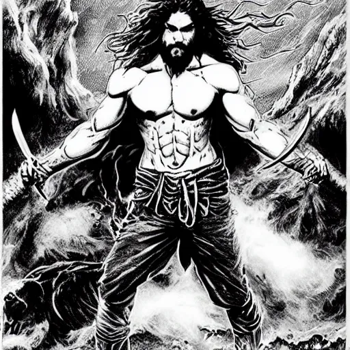 Prompt: pen and ink!!!! attractive 22 year old Frank Zappa x Jason Momoa x Jared Leto golden Vagabond magic swordsman glides through a beautiful battlefield magic the gathering dramatic esoteric!!!!!! pen and ink!!!!! illustrated in high detail!!!!!!!! by Hiroya Oku!!!!! Written by Wes Anderson graphic novel published on shonen jump 2002 award winning!!!!