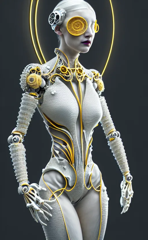 Image similar to intricate hyper detailed ultra sharp 3 d render of a beautiful smooth porcelain seductive cyborg woman portrait, medium shot portrait, bright light, alexandre ferra mecha, deeply cyberpunk art nouveau haute couture huge fractal white silver gold mycelum and yellow pore fungi head ornaments, big embroidered leaves filigree spreaded roots, octane render, volumetric cinematic lighting, 8 k, vray tracing