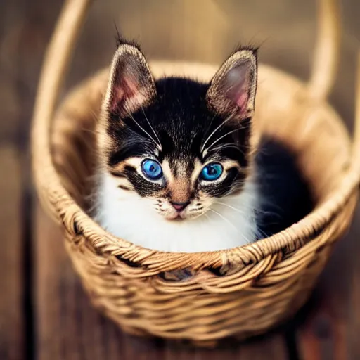 Prompt: An award-winning photo of an extremely cute kitten in a basket