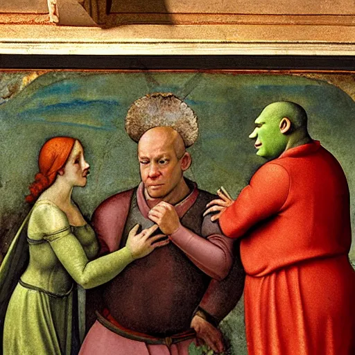 Prompt: A renaissance fresco representing Shrek, by Michelangelo, museum catalog, high detail