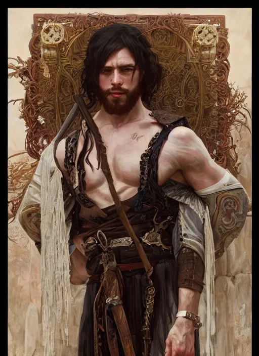 Image similar to realistic portrait painting of a male fantasy barbarian warrior, old mystic ruins, afternoon, intricate, elegant, highly detailed, digital painting, sharp, focus, by artgerm and alphonse mucha and greg rutkowski