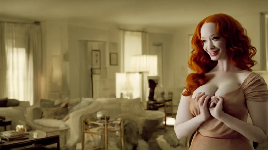 Image similar to a very happy beautiful Christina Hendricks in the living room, film still from the movie directed by Denis Villeneuve with art direction by Salvador Dalí, wide lens