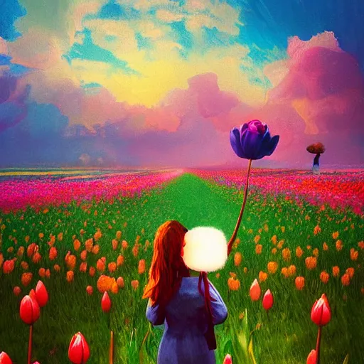 Image similar to girl with a giant tulip head, surreal photography, flower field, sunset dramatic light, impressionist painting, colorful clouds, blue sky, digital painting, artstation, simon stalenhag