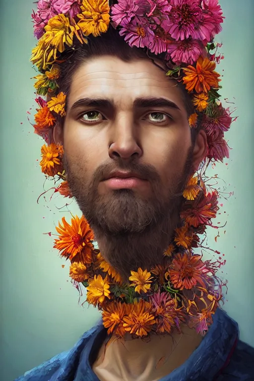 Prompt: a ultradetailed painting of a man with flowers in his hair, a vivid color hue character portrait by jeffrey smith, trending on cgsociety, fantasy art, made of flowers, ilya kuvshinov, deviantart hd